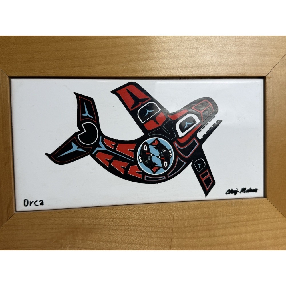 Pacific Northwest Native American Inuit Eskimo Orca Whale Art Tile Wood Box - Picture 2 of 8